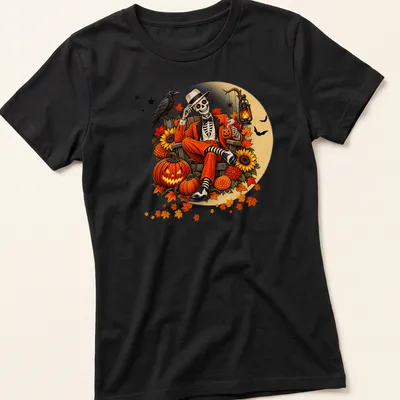 Vintage illustration of a skeleton sitting with pumpkins and autumn leaves — printed on a women's shirt