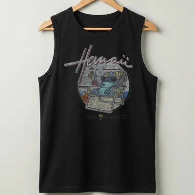Cartoon alien character on a Hawaii Local Favorite t-shirt with colorful text — printed on a tank top