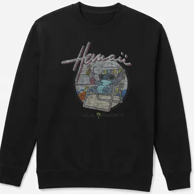 Cartoon alien character on a Hawaii Local Favorite t-shirt with colorful text — printed on a unisex sweatshirt