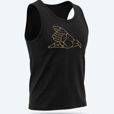 Minimalist line-art of a hawk hand gesture in gold and white. — printed on a tank top
