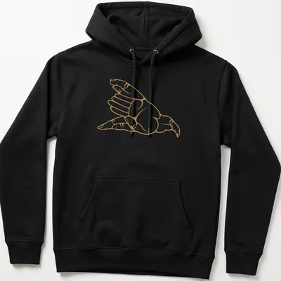 Minimalist line-art of a hawk hand gesture in gold and white. — printed on a unisex hoodie