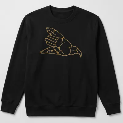Minimalist line-art of a hawk hand gesture in gold and white. — printed on a unisex sweatshirt