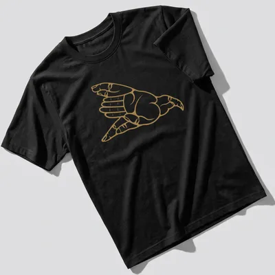Minimalist line-art of a hawk hand gesture in gold and white.