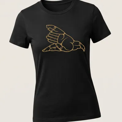 Minimalist line-art of a hawk hand gesture in gold and white. — printed on a women's shirt