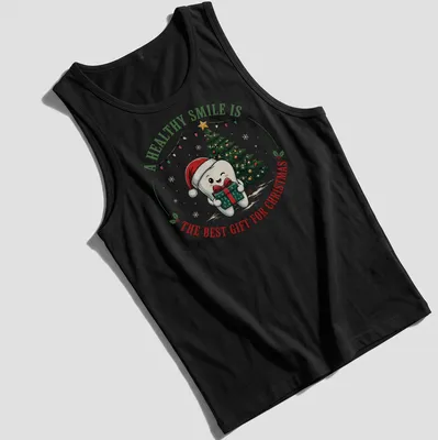 Cute cartoon tooth character with a Christmas tree and text about healthy smiles — printed on a tank top