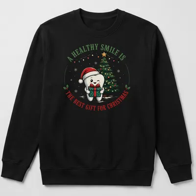Cute cartoon tooth character with a Christmas tree and text about healthy smiles — printed on a unisex sweatshirt