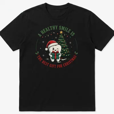 Cute cartoon tooth character with a Christmas tree and text about healthy smiles