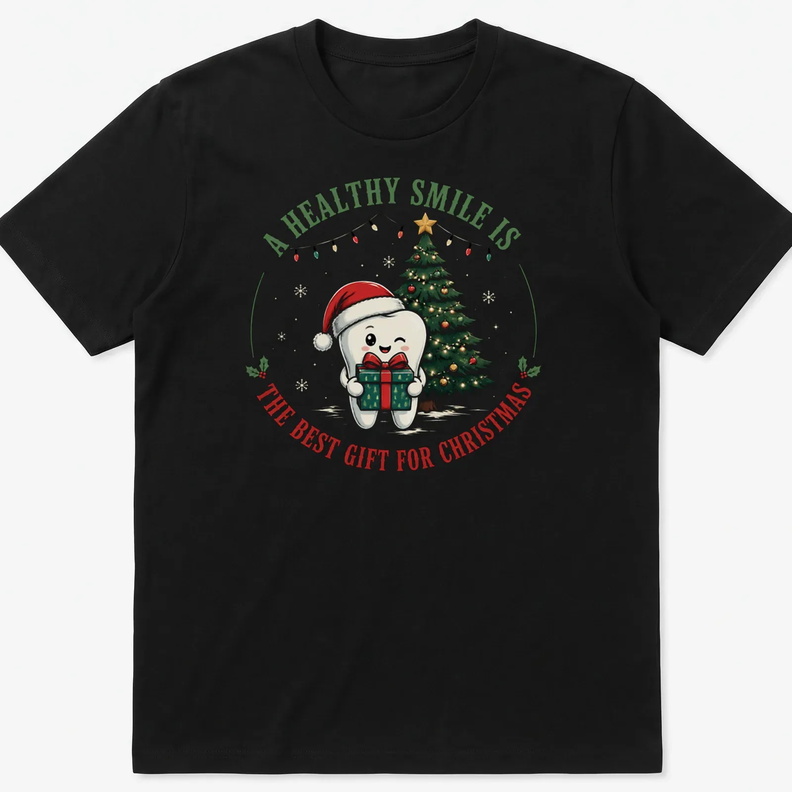 Cute cartoon tooth character with a Christmas tree and text about healthy smiles — printed on a unisex t-shirt