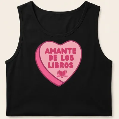 Kawaii design with a heart shape filled with books and text Amante De Los Libros — printed on a tank top