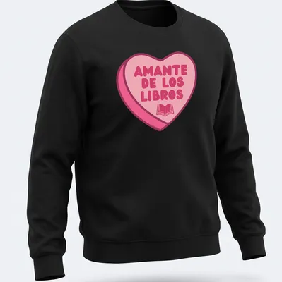 Kawaii design with a heart shape filled with books and text Amante De Los Libros — printed on a unisex sweatshirt