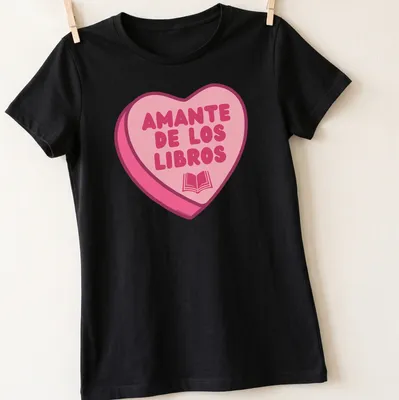 Kawaii design with a heart shape filled with books and text Amante De Los Libros — printed on a women's shirt