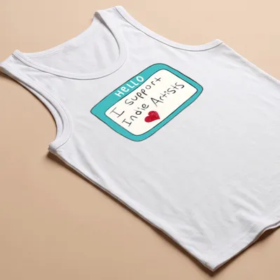 Colorful name tag style t-shirt that says 'Hello I Support Indie Artists' — printed on a tank top