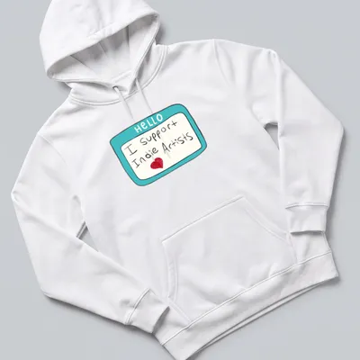 Colorful name tag style t-shirt that says 'Hello I Support Indie Artists' — printed on a unisex hoodie