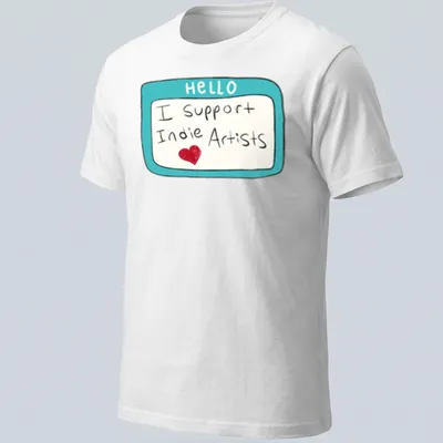 Colorful name tag style t-shirt that says 'Hello I Support Indie Artists'