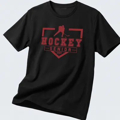 Bold graphic t-shirt featuring a hockey player and graduation year 2027