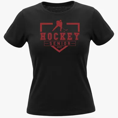Bold graphic t-shirt featuring a hockey player and graduation year 2027 — printed on a women's shirt