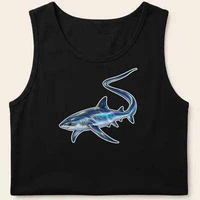 Holographic print of a thresher shark in blue, silver, black, purple, and green. — printed on a tank top