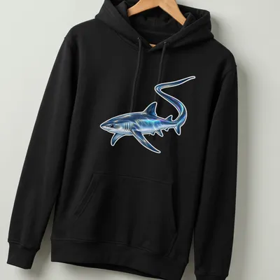 Holographic print of a thresher shark in blue, silver, black, purple, and green. — printed on a unisex hoodie