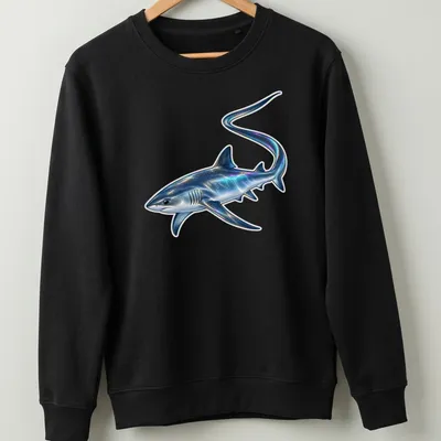 Holographic print of a thresher shark in blue, silver, black, purple, and green. — printed on a unisex sweatshirt