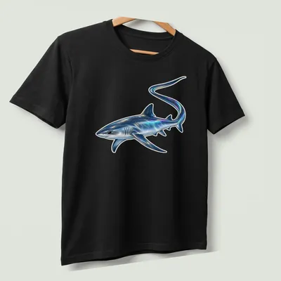 Holographic print of a thresher shark in blue, silver, black, purple, and green. — printed on a unisex t-shirt (angled view)