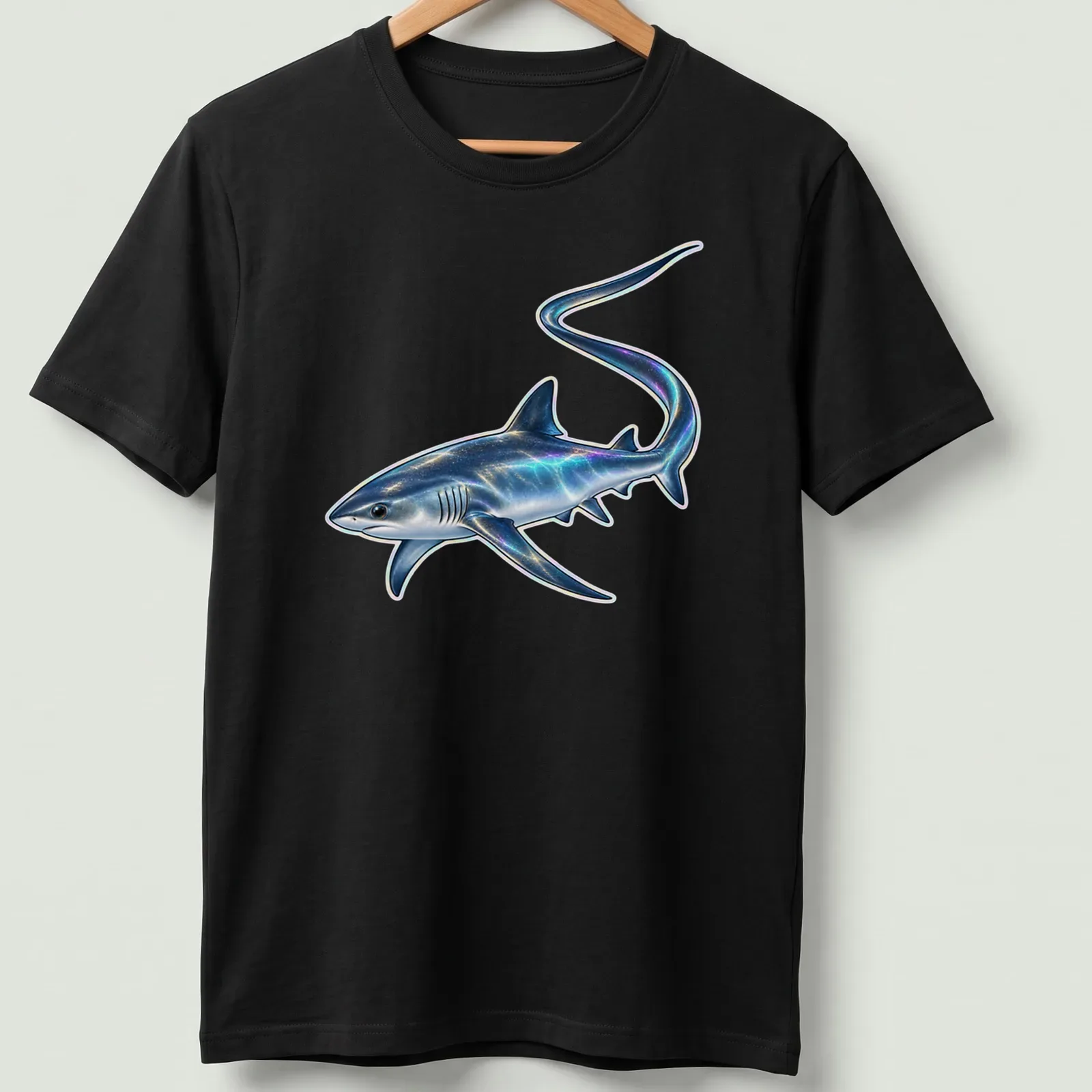 Holographic print of a thresher shark in blue, silver, black, purple, and green. — printed on a unisex t-shirt