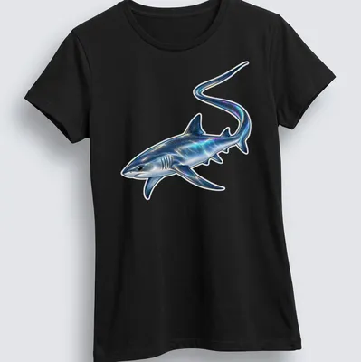 Holographic print of a thresher shark in blue, silver, black, purple, and green. — printed on a women's shirt