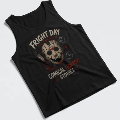 Illustration of a cartoon hockey mask with comical horror text in red and black — printed on a tank top