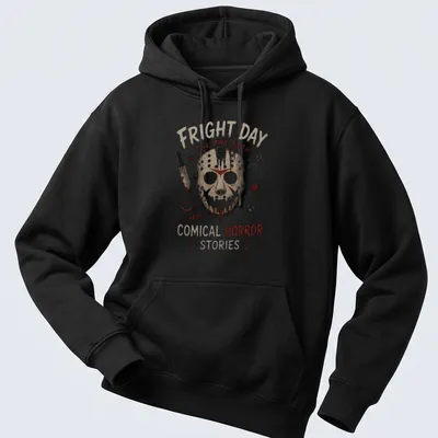 Illustration of a cartoon hockey mask with comical horror text in red and black — printed on a unisex hoodie