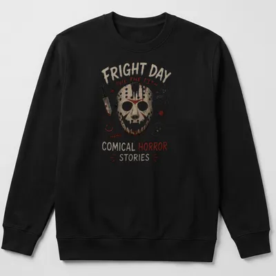 Illustration of a cartoon hockey mask with comical horror text in red and black — printed on a unisex sweatshirt