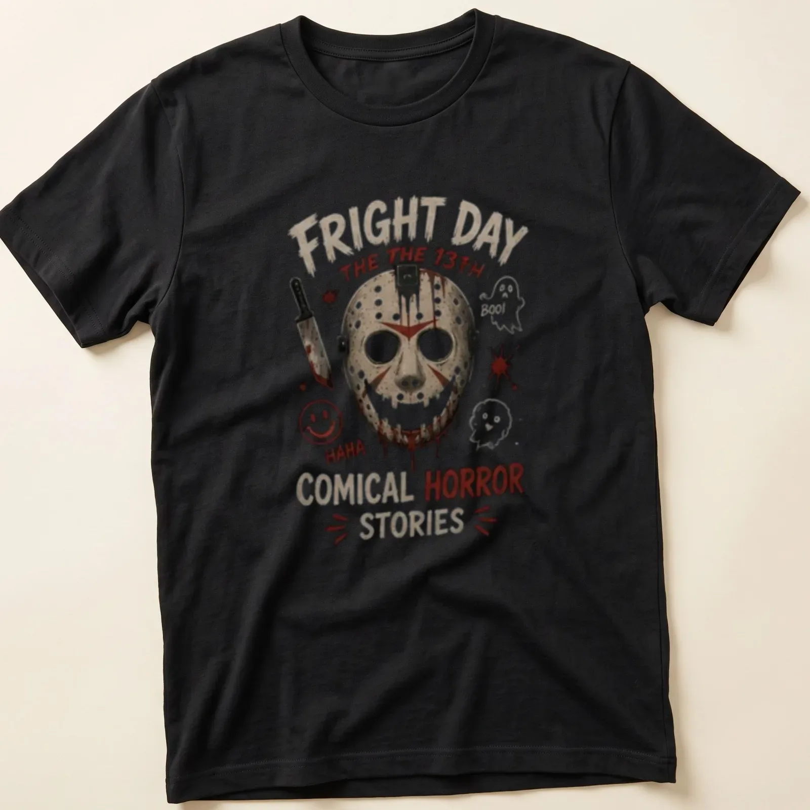 Illustration of a cartoon hockey mask with comical horror text in red and black — printed on a unisex t-shirt