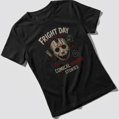 Illustration of a cartoon hockey mask with comical horror text in red and black — printed on a women's shirt