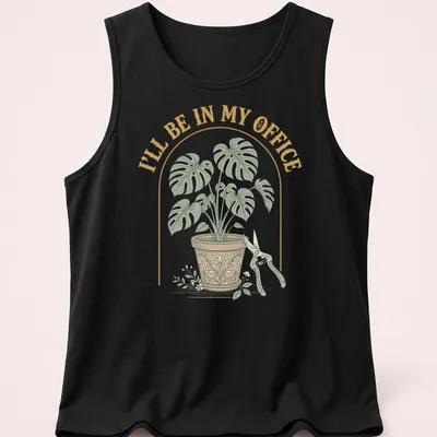 Vintage botanical shirt featuring a houseplant and text about being in the office — printed on a tank top