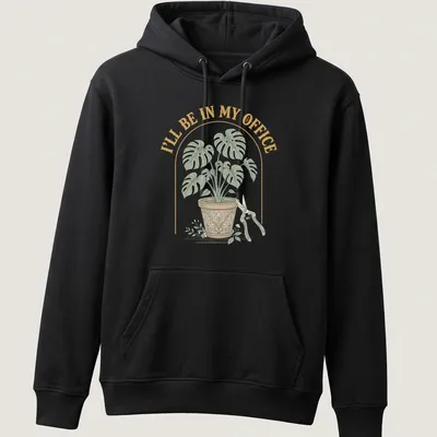 Vintage botanical shirt featuring a houseplant and text about being in the office — printed on a unisex hoodie