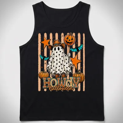 Vintage cartoon ghost with pumpkins and Halloween text in orange and black — printed on a tank top