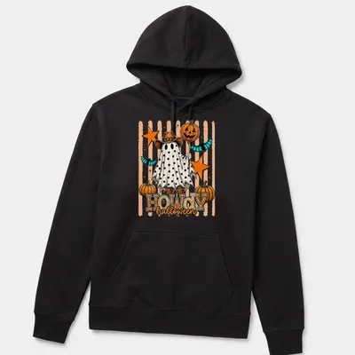 Vintage cartoon ghost with pumpkins and Halloween text in orange and black — printed on a unisex hoodie