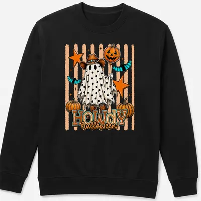 Vintage cartoon ghost with pumpkins and Halloween text in orange and black — printed on a unisex sweatshirt