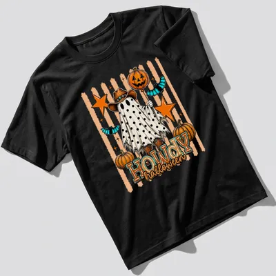 Vintage cartoon ghost with pumpkins and Halloween text in orange and black