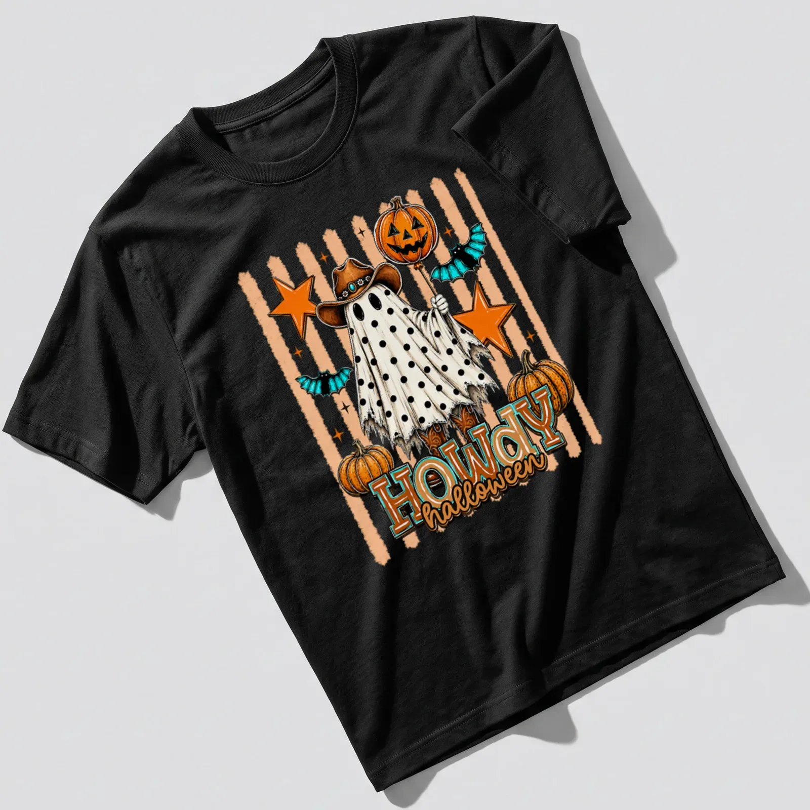 Vintage cartoon ghost with pumpkins and Halloween text in orange and black — printed on a unisex t-shirt