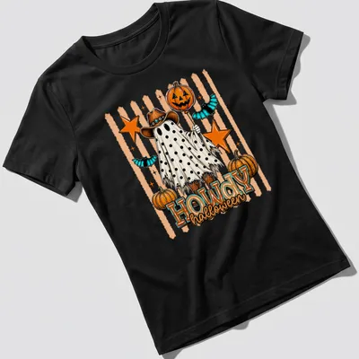 Vintage cartoon ghost with pumpkins and Halloween text in orange and black — printed on a women's shirt