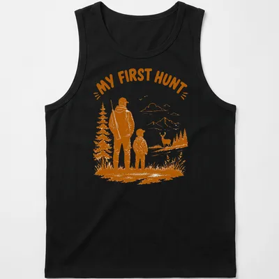 Vintage illustration of a father and son hunting with the text 'MY FIRST HUNT' — printed on a tank top