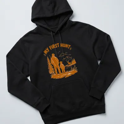 Vintage illustration of a father and son hunting with the text 'MY FIRST HUNT' — printed on a unisex hoodie