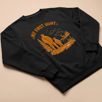 Vintage illustration of a father and son hunting with the text 'MY FIRST HUNT' — printed on a unisex sweatshirt