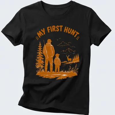 Vintage illustration of a father and son hunting with the text 'MY FIRST HUNT' — printed on a women's shirt
