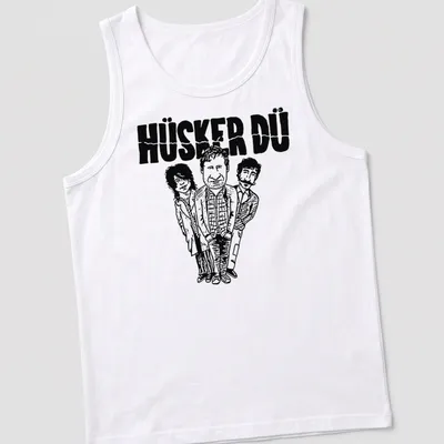 Cartoon illustration of Hüsker Dü band members in black and white style. — printed on a tank top