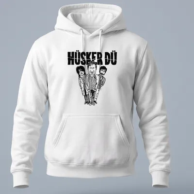 Cartoon illustration of Hüsker Dü band members in black and white style. — printed on a unisex hoodie