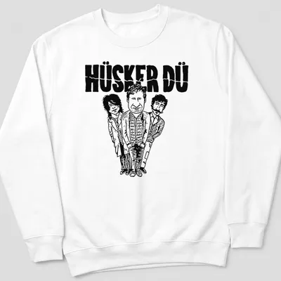 Cartoon illustration of Hüsker Dü band members in black and white style. — printed on a unisex sweatshirt