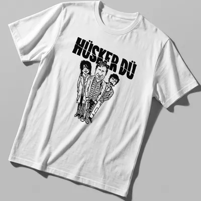 Cartoon illustration of Hüsker Dü band members in black and white style.