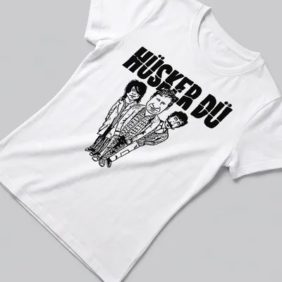 Cartoon illustration of Hüsker Dü band members in black and white style. — printed on a women's shirt