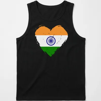 Distressed graphic of a heart made from the India flag's colors and symbol — printed on a tank top
