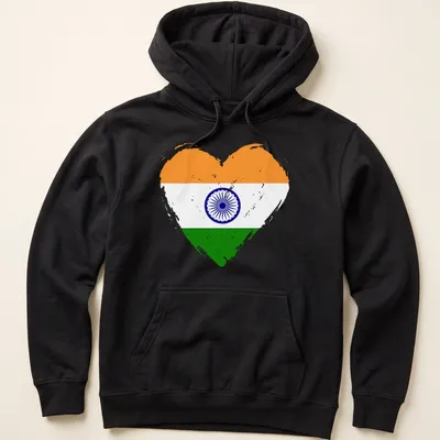 Distressed graphic of a heart made from the India flag's colors and symbol — printed on a unisex hoodie